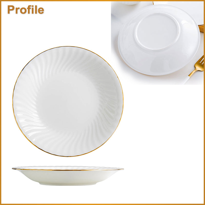 Bone China Round Plate - Ribbed Front Edge & Gold Rim