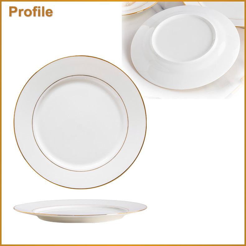 Bone China Flat Plate - White with Gold Rim