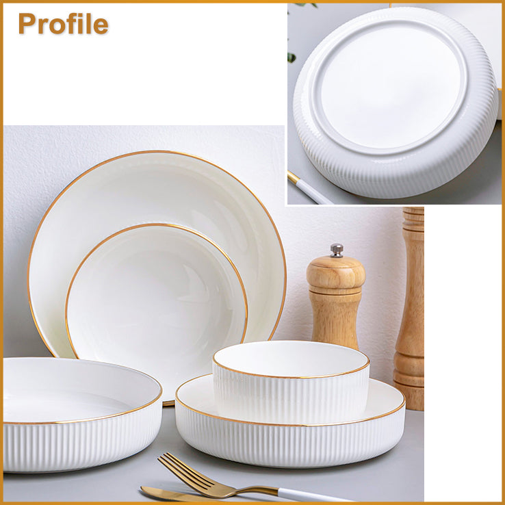 Bone China Dinnerware - Ribbed Plate with Gold Rim