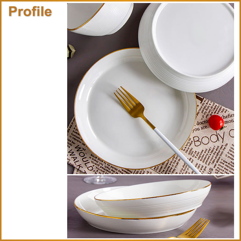 Bone China Round Plate - Horizontal Ridges & Gold Rim