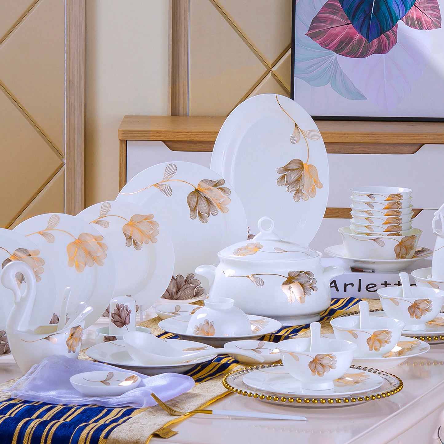 Bone China Dinnerware Set - Abstract Floral Design in Gold