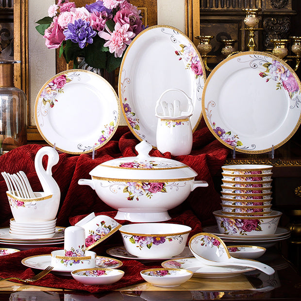 Bone China Dinnerware Set - Colorful Floral Motif & Decorative Rim