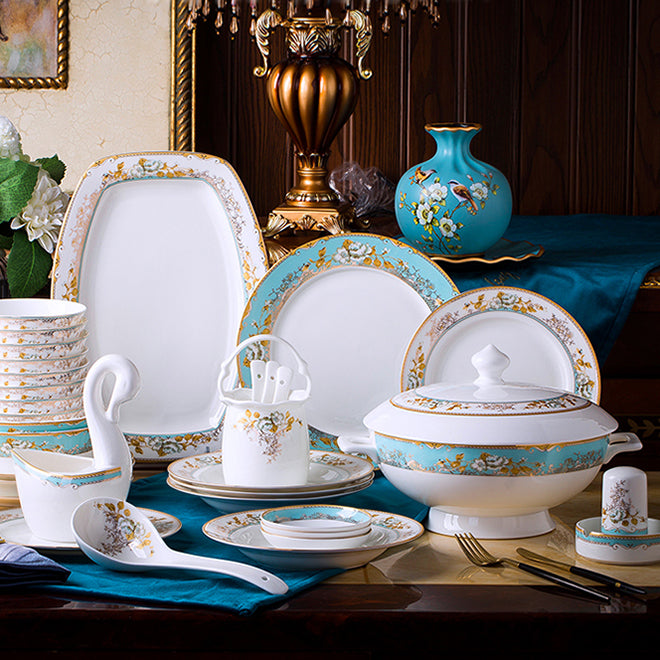 Bone China Dinnerware Set - Floral Motif in Turquoise