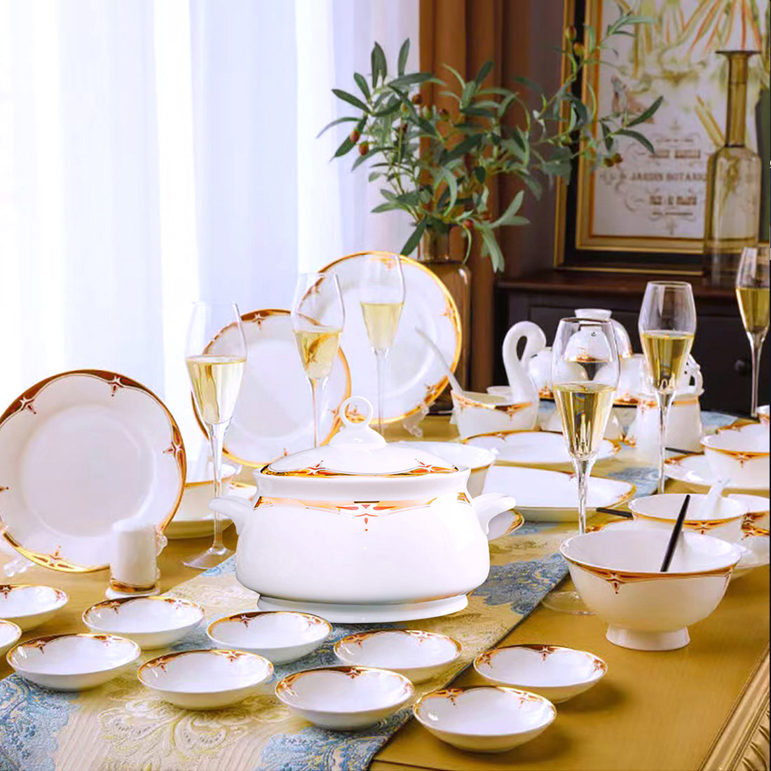 Bone China Dinnerware Set - Decorative Rim in Gold & Rich Colors