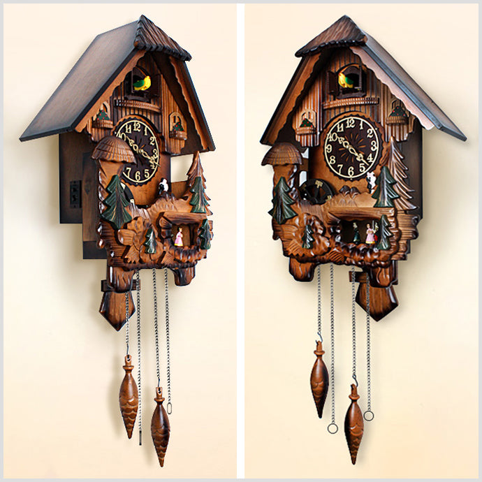 33" Black Forest Wooden Cuckoo Clock with Hand Carvings - Chirping Bird & Dance in Music