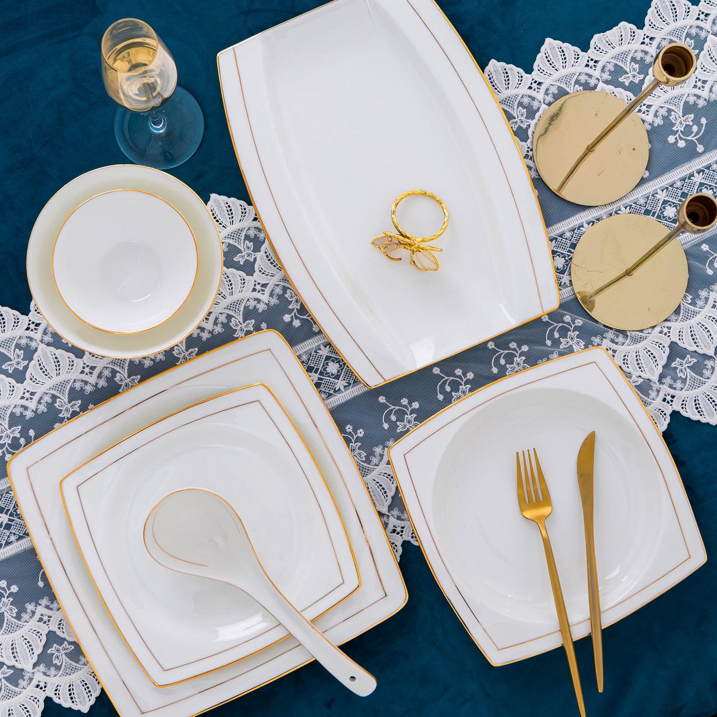 Bone China Dinnerware Set - Handcrafted Gold Inlay