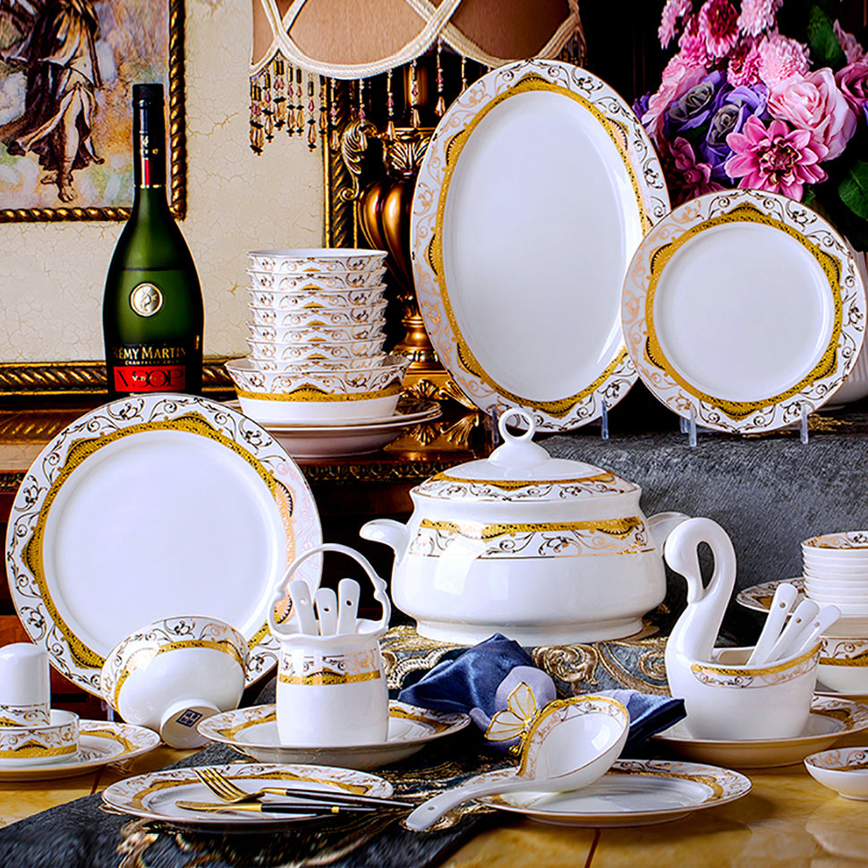 Bone China Dinnerware Set - Decorative Rim in Gold, Yellow & Black