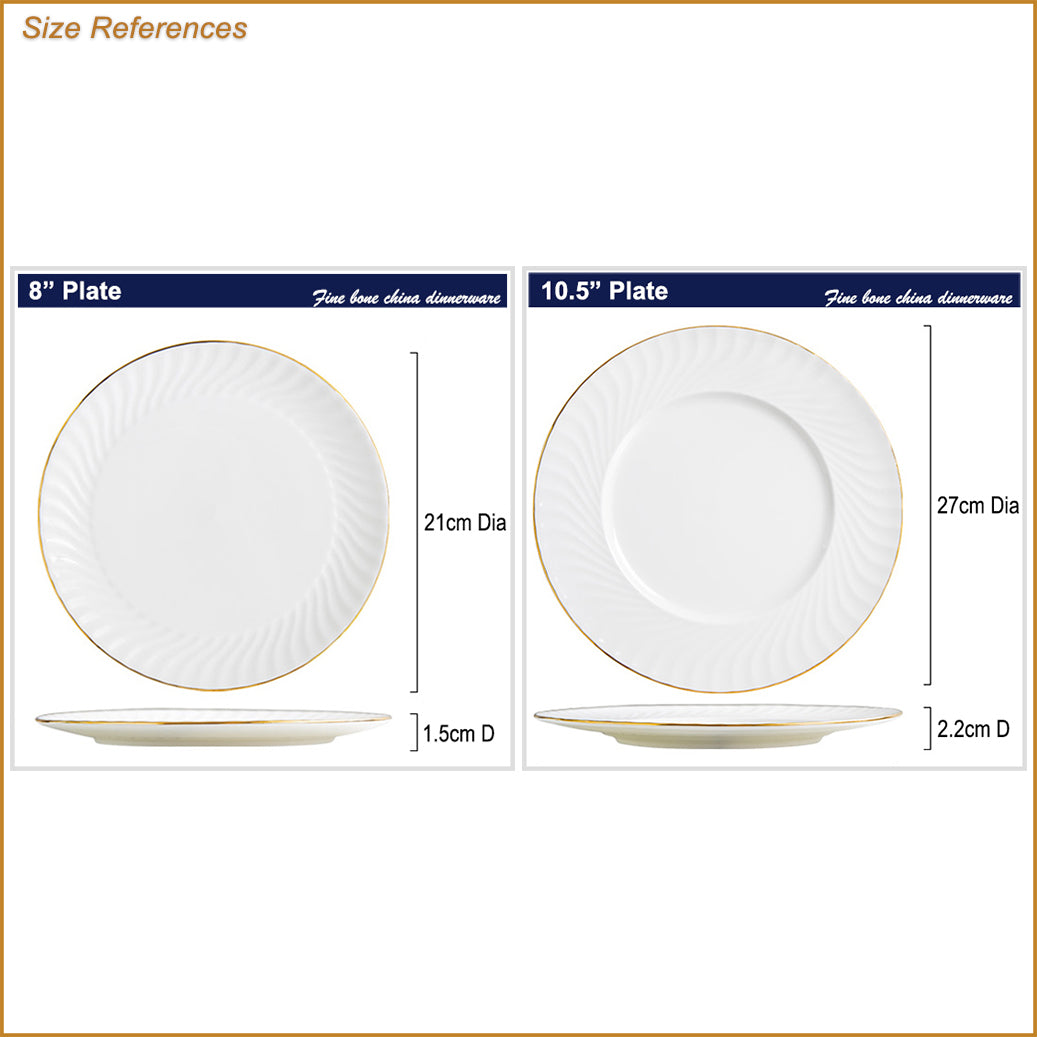 Bone China Dinner Plate - Ribbed Front Edge & Gold Rim