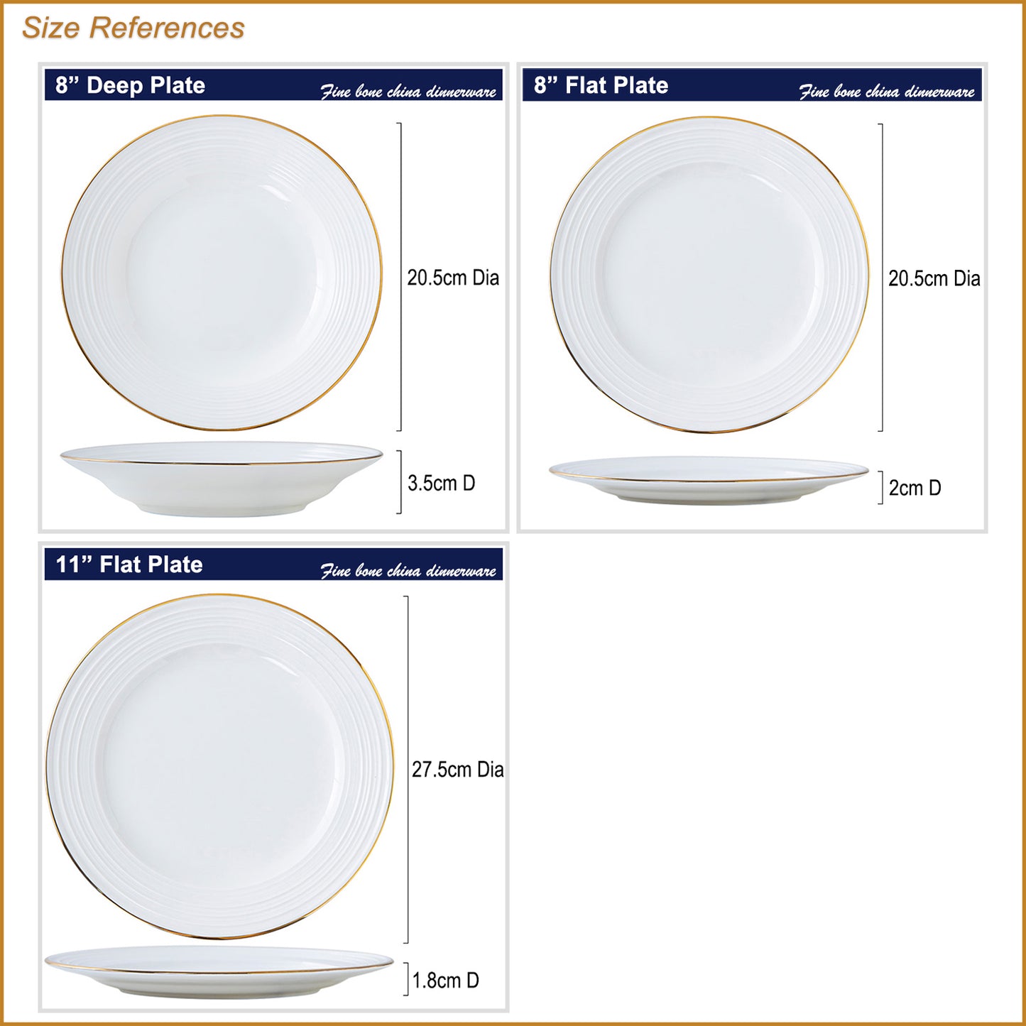 Bone China Round Plate - Front Ridges & Gold Rim