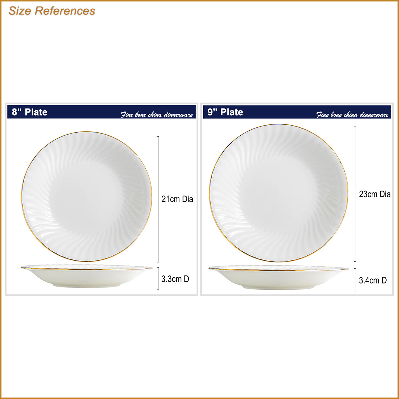 Bone China Round Plate - Ribbed Front Edge & Gold Rim