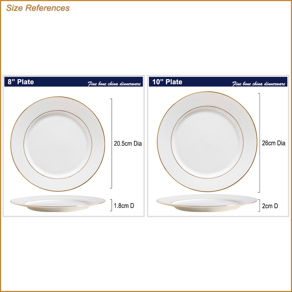 Bone China Flat Plate - White with Gold Rim