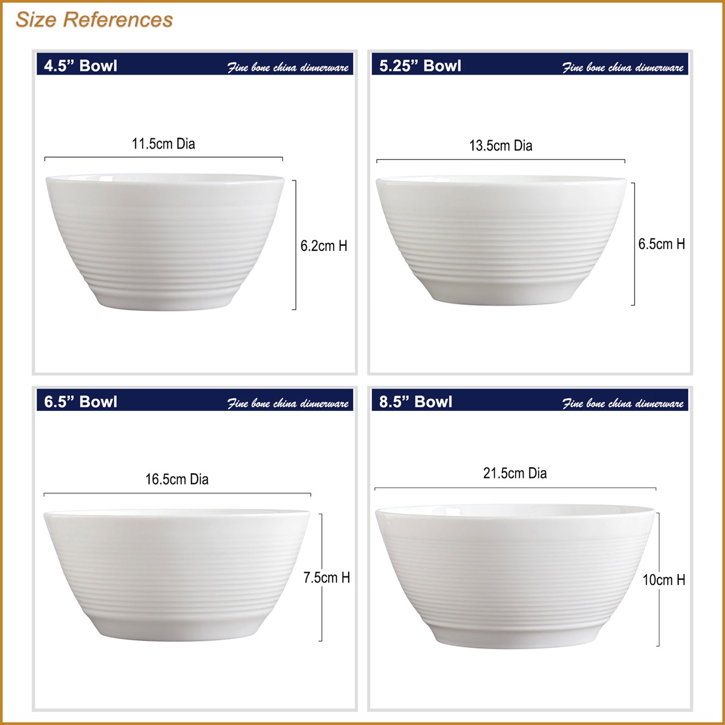 Bone China Round Bowl - Horizontal Ridges on Surface