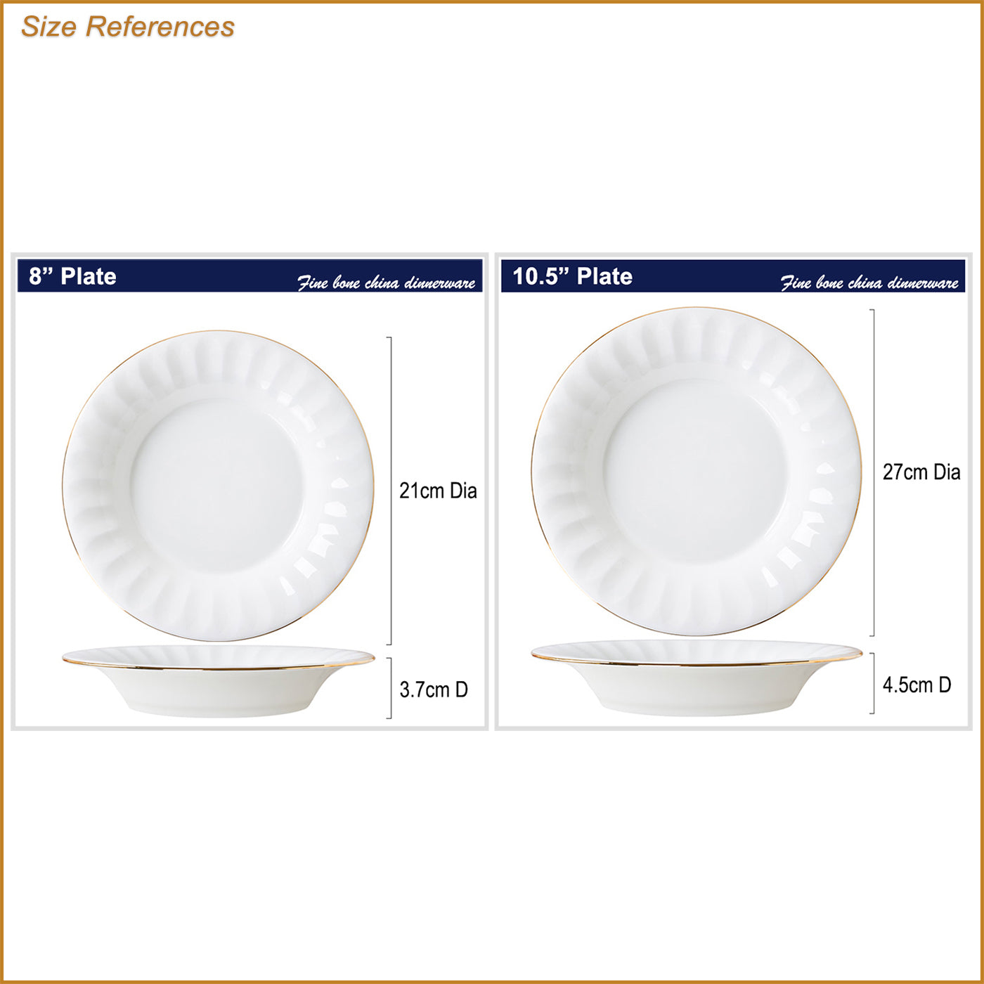 Bone China Deep Plate - Ribbed Front Edge & Gold Rim