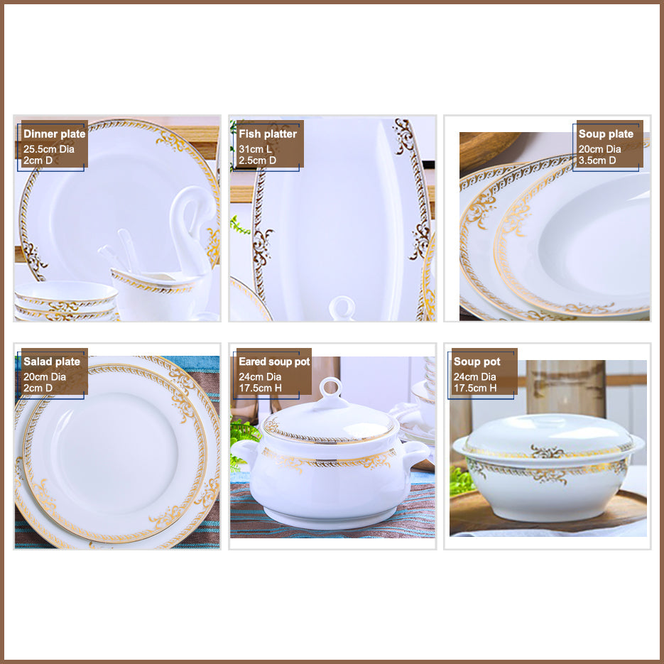 Bone China Dinnerware Set - Gold Inlay of Decorative Rim