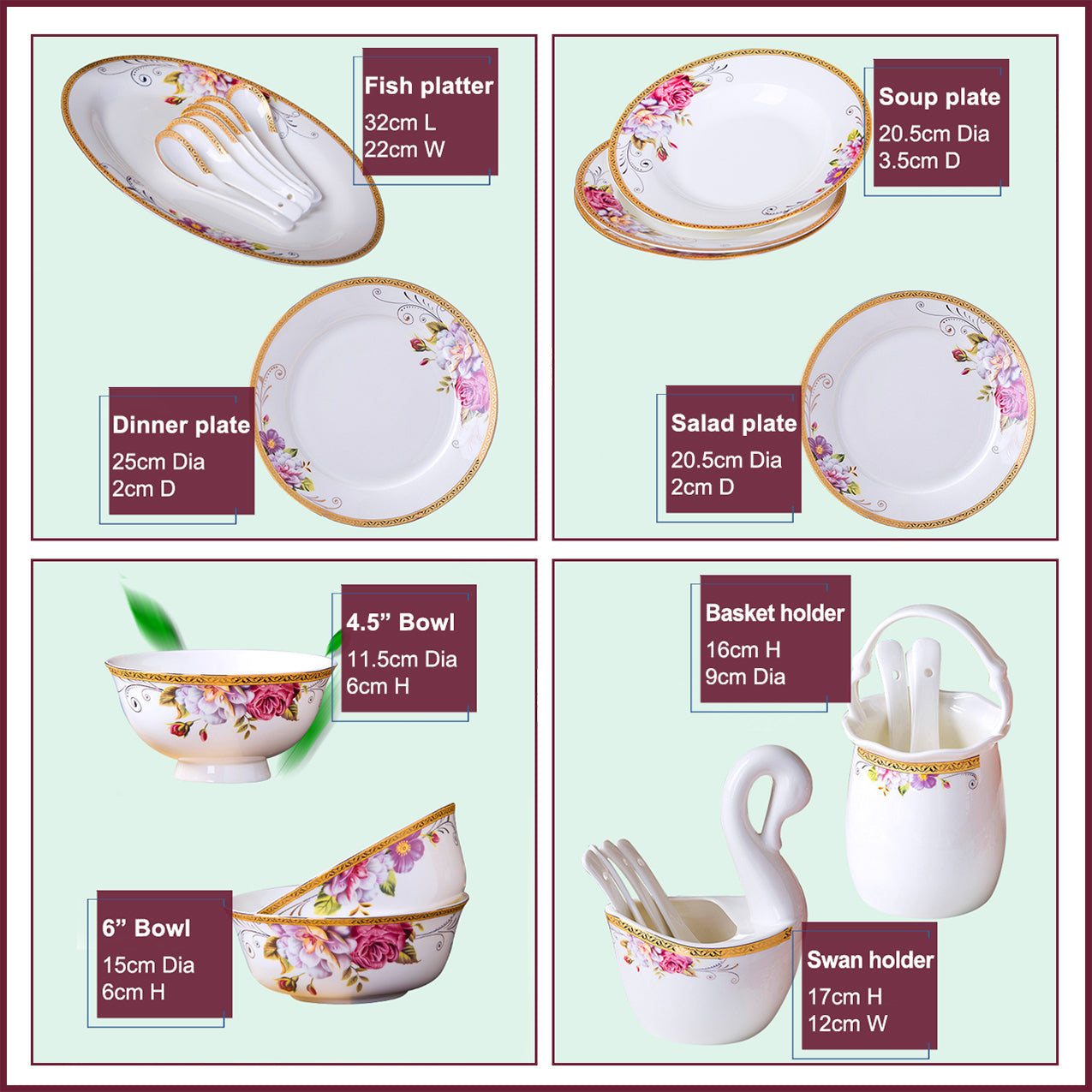 Bone China Dinnerware Set - Colorful Floral Motif & Decorative Rim