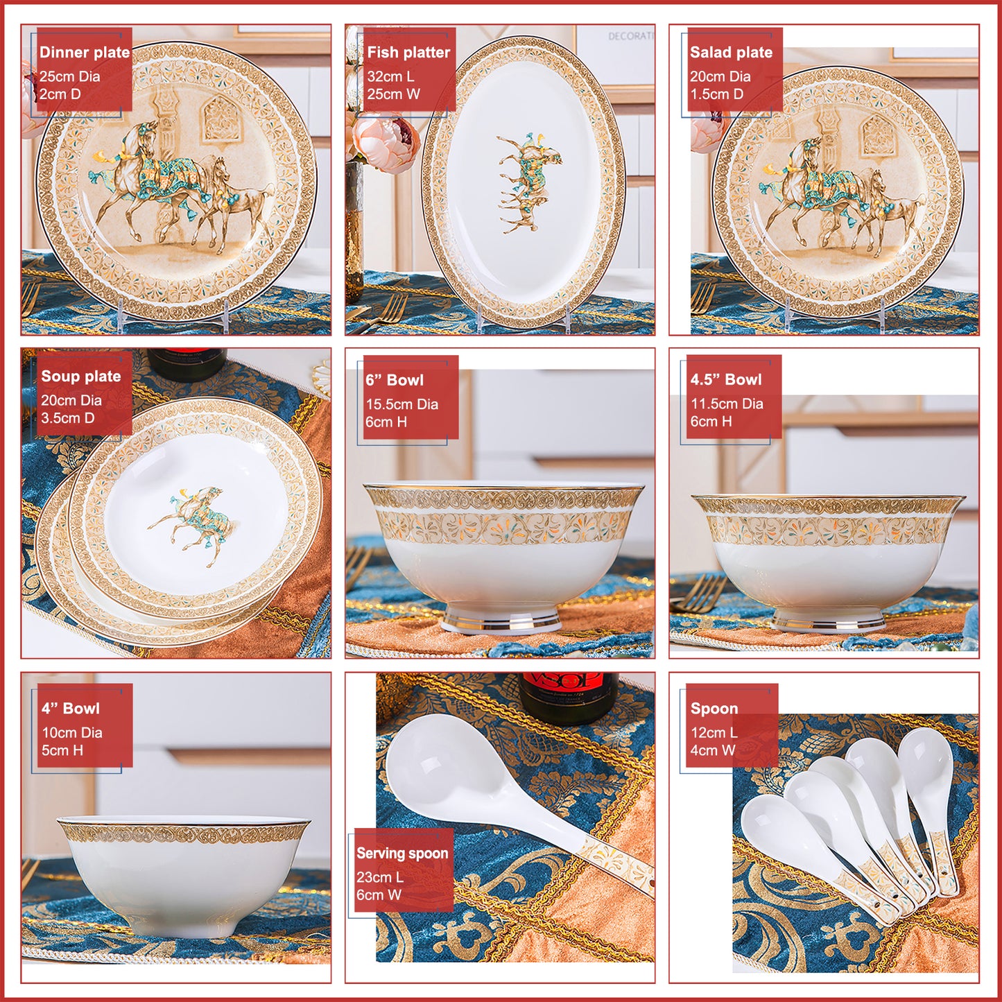 Bone China Dinnerware Set - Brown Decorative Rim & Horse Motif