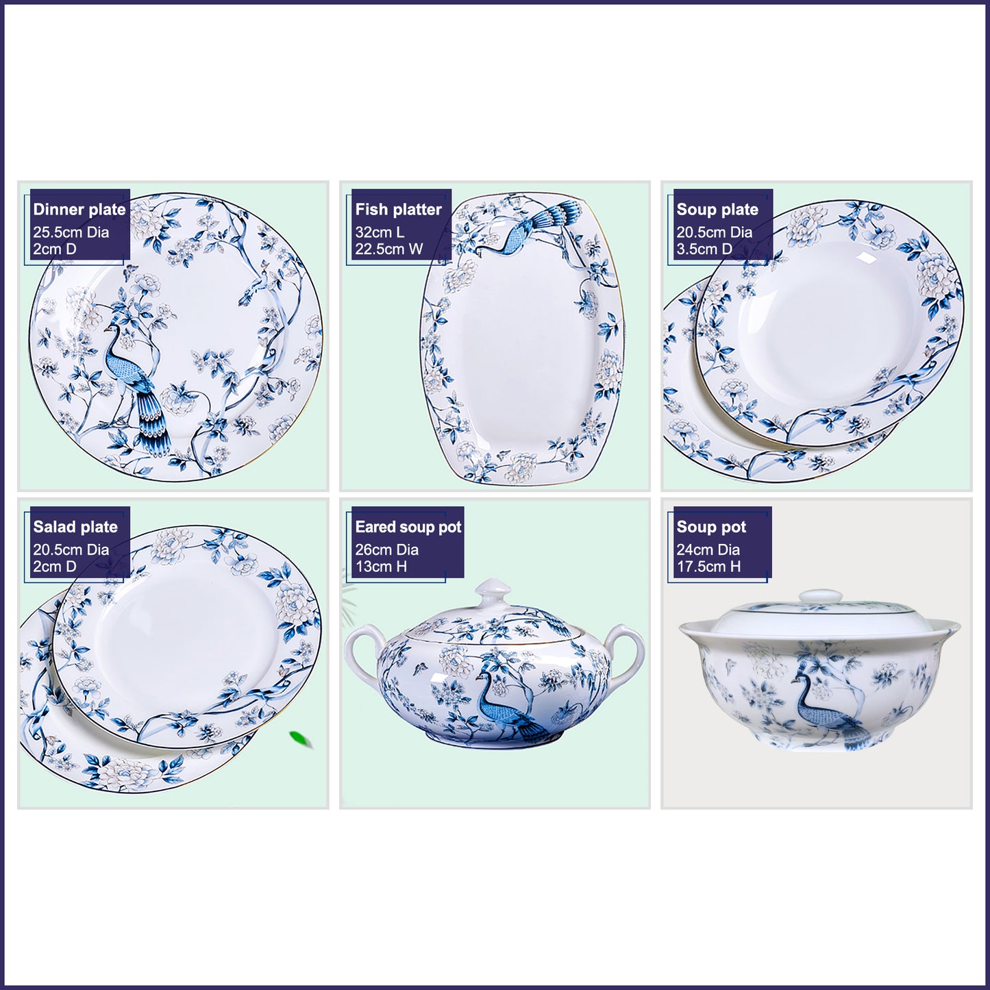 Bone China Dinnerware Set - Peacock & Floral Motif in Blue