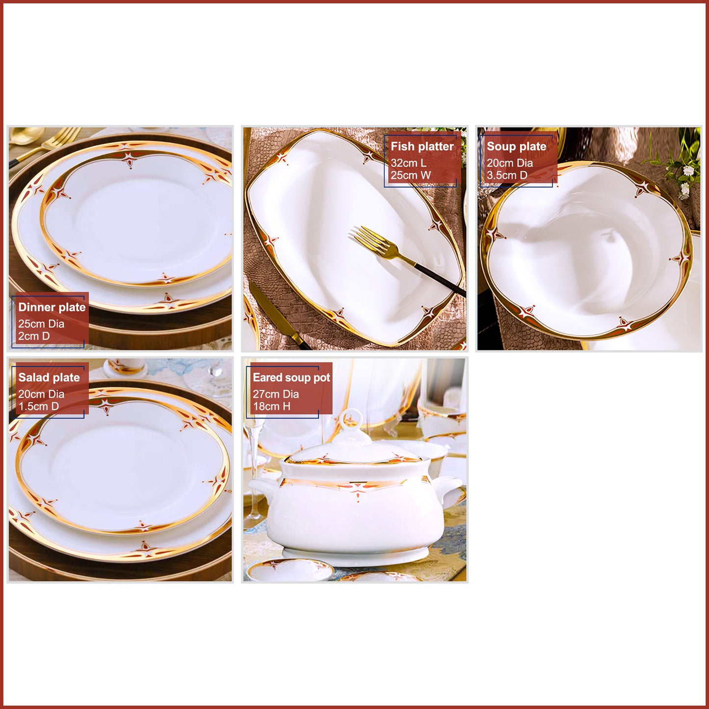 Bone China Dinnerware Set - Decorative Rim in Gold & Rich Colors