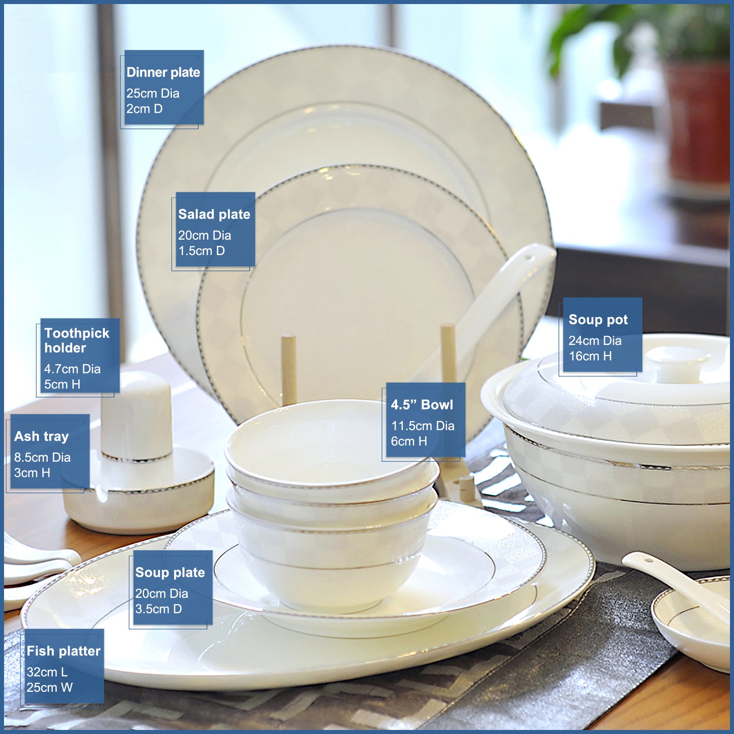 Bone China Dinnerware Set - Silver Decorative Rim & Pale Pattern