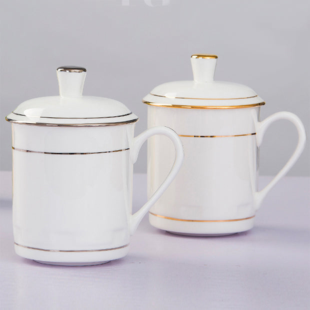 Bone China Tea Mug with Lid - Gold or Silver Rim