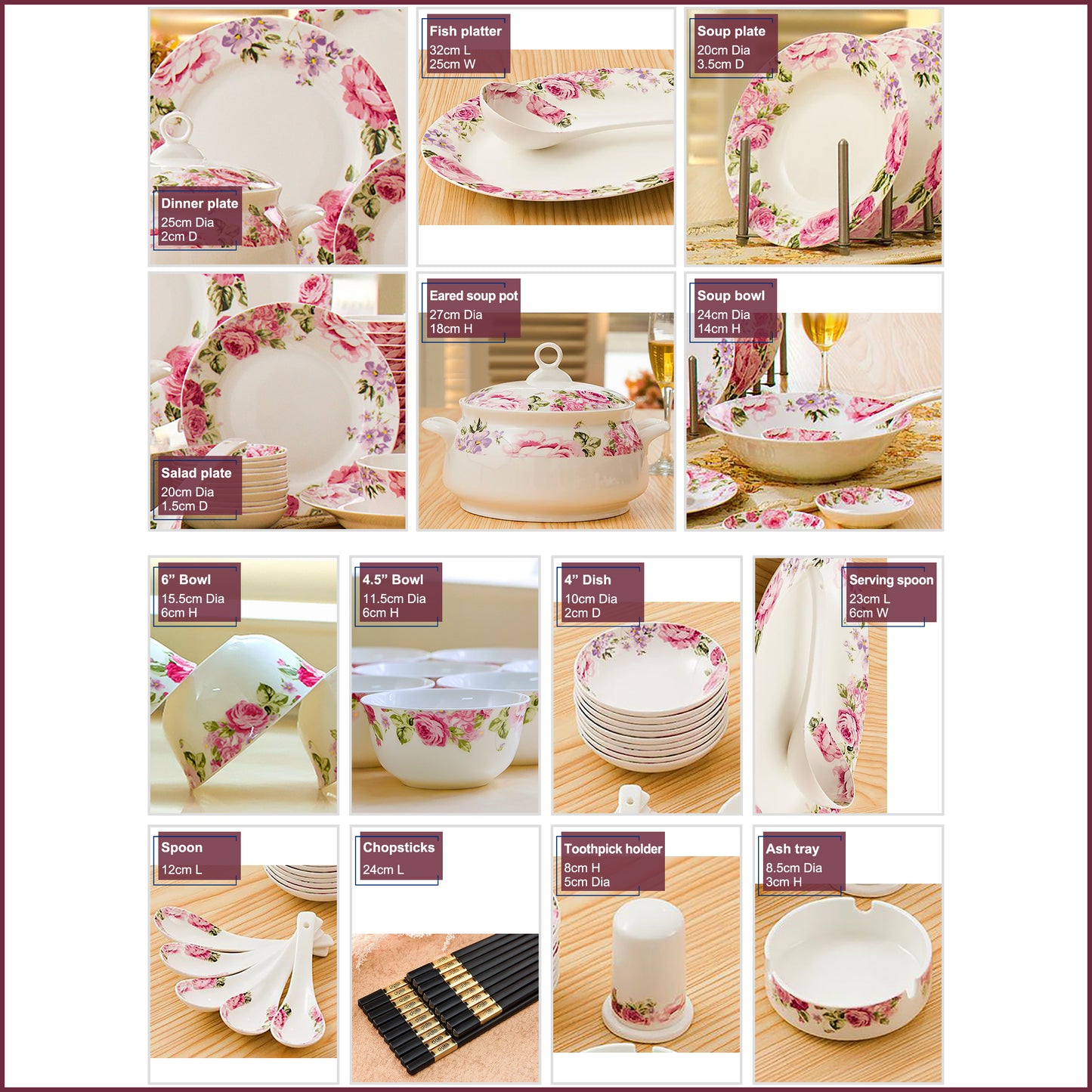 Bone China Dinnerware Set - Floral Motif in Pink & Purple