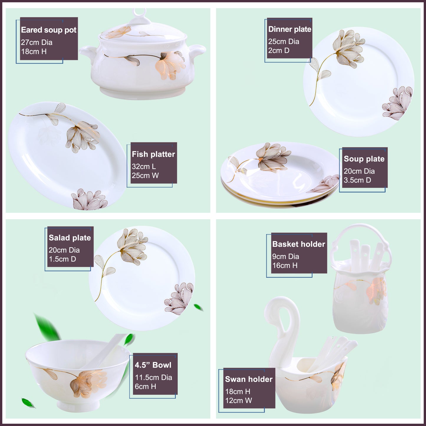 Bone China Dinnerware Set - Abstract Floral Design in Gold