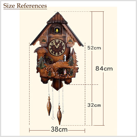 33" Black Forest Wooden Cuckoo Clock with Hand Carvings - Chirping Bird & Dance in Music