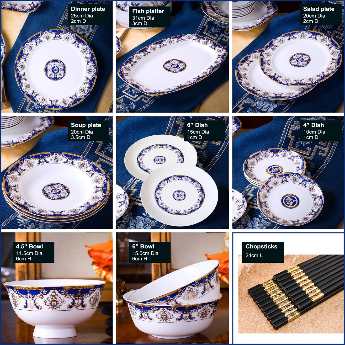 Bone China Dinnerware Set - Gold Inlay of Decorative Motif in Blue