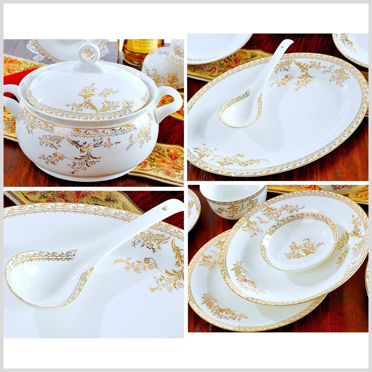 Bone China Dinnerware Set - Gold Inlay of Floral Motif & Rim