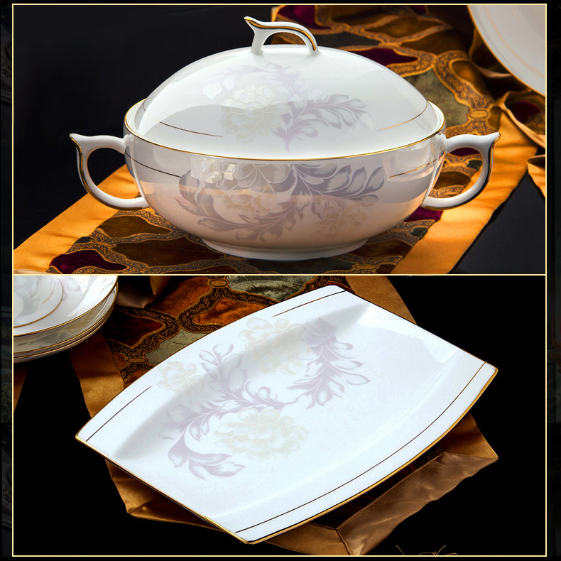 Bone China Dinnerware Set - Floral Motif in Pale Colors with Gold Rim