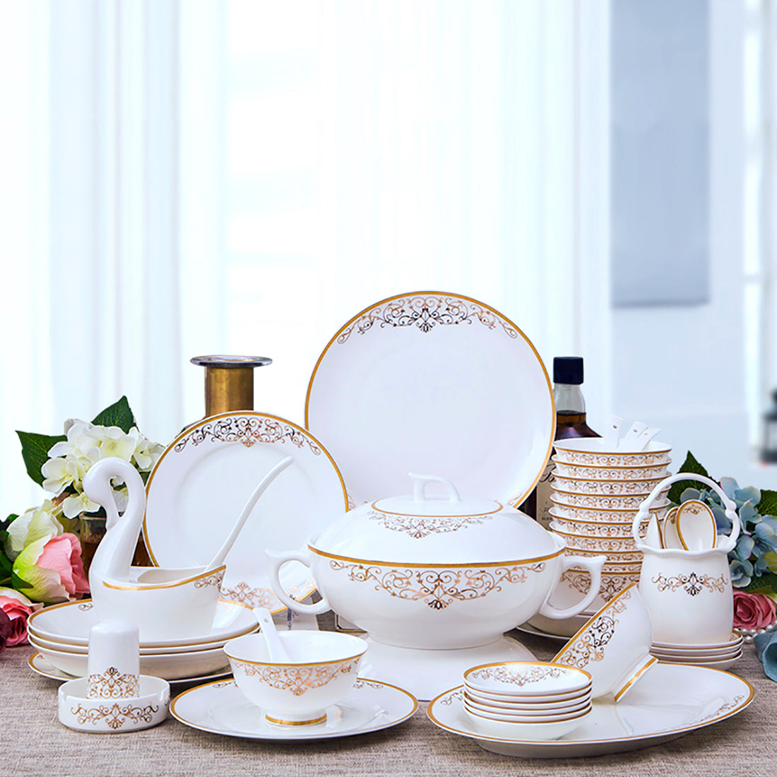 Bone China Dinnerware Set - Gold Inlay of Decorative Motif & Rim