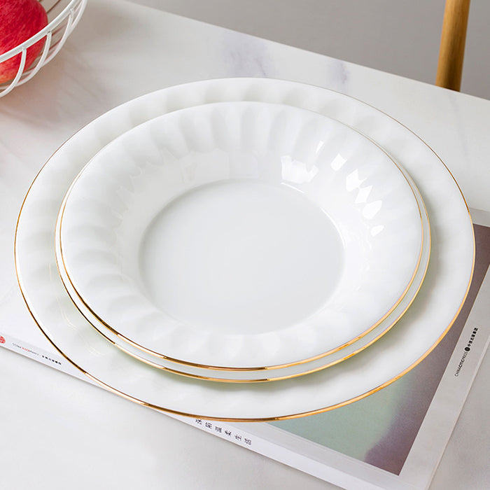 Bone China Deep Plate - Ribbed Front Edge & Gold Rim