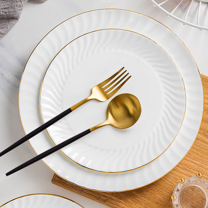 Bone China Dinner Plate - Ribbed Front Edge & Gold Rim