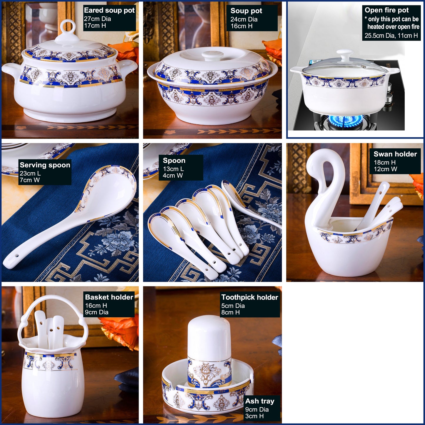 Bone China Dinnerware Set - Gold Inlay of Decorative Motif in Blue