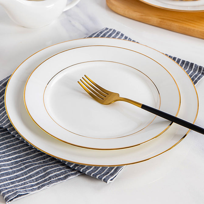 Bone China Flat Plate - White with Gold Rim