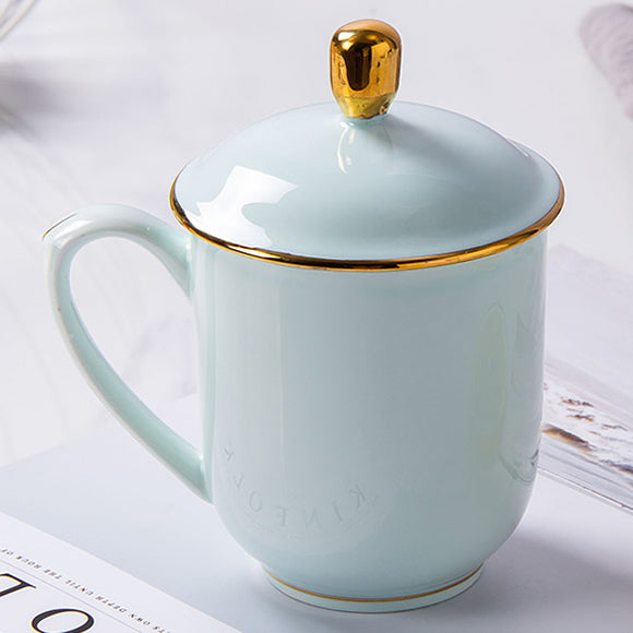 Bone China Celadon Tea Mug with Lid - W/ Gold Rim or W/O Rim