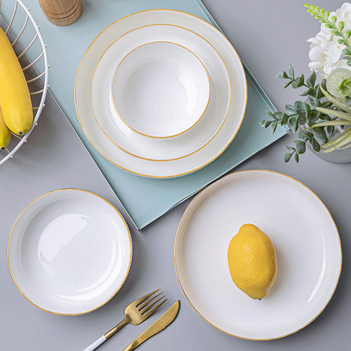 Bone China Dinnerware - Ribbed Plate with Gold Rim