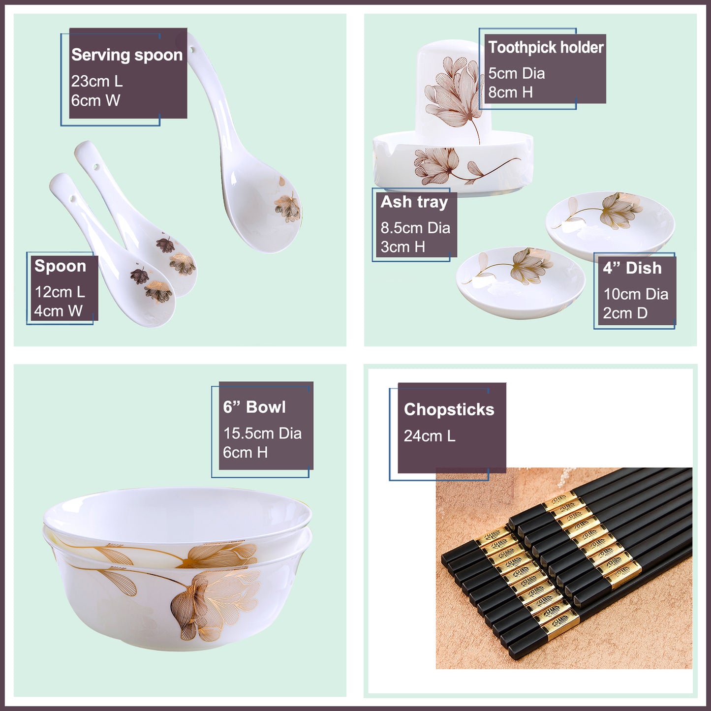 Bone China Dinnerware Set - Abstract Floral Design in Gold