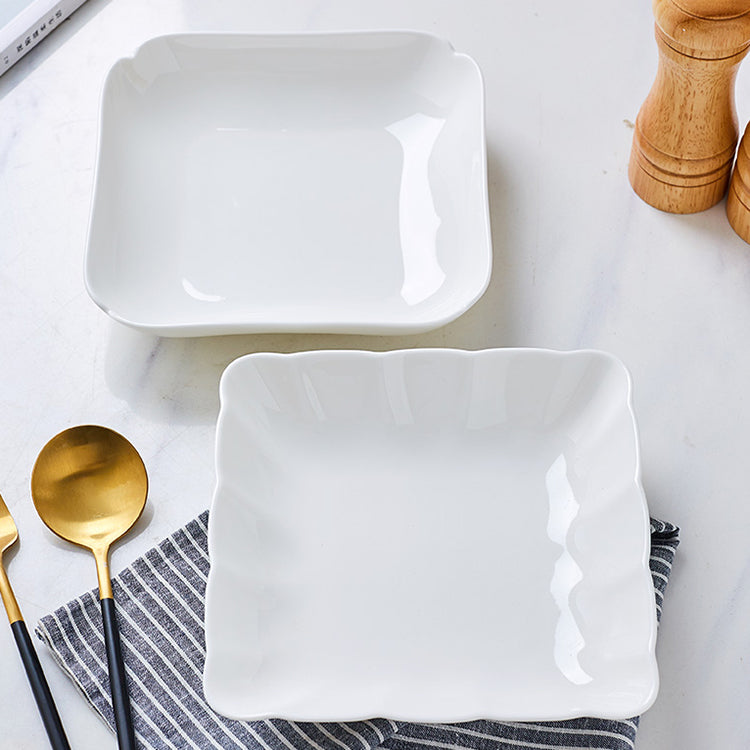 Bone China Square Plate in Creamy White - Scallop or Ribbed Edge