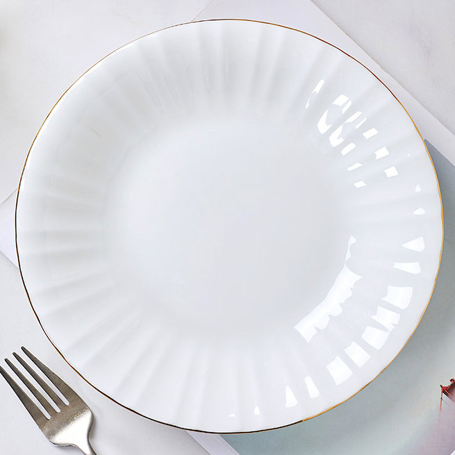 Bone China Round Plate - Ribbed Front Edge & Gold Rim