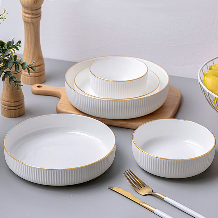 Bone China Dinnerware - Ribbed Plate with Gold Rim