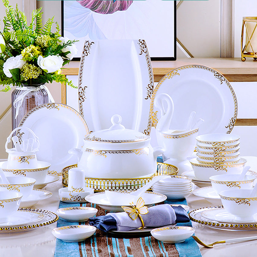 Bone China Dinnerware Set - Gold Inlay of Decorative Rim