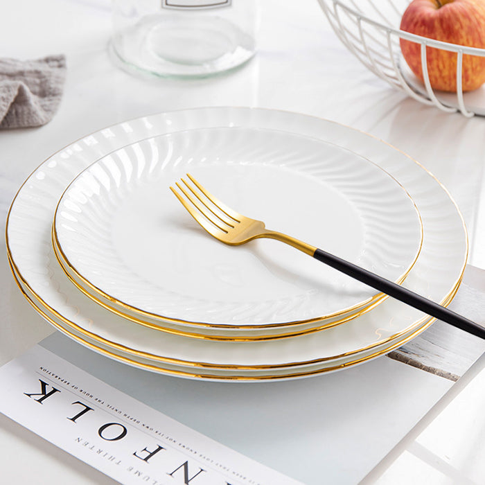 Bone China Dinner Plate - Ribbed Front Edge & Gold Rim