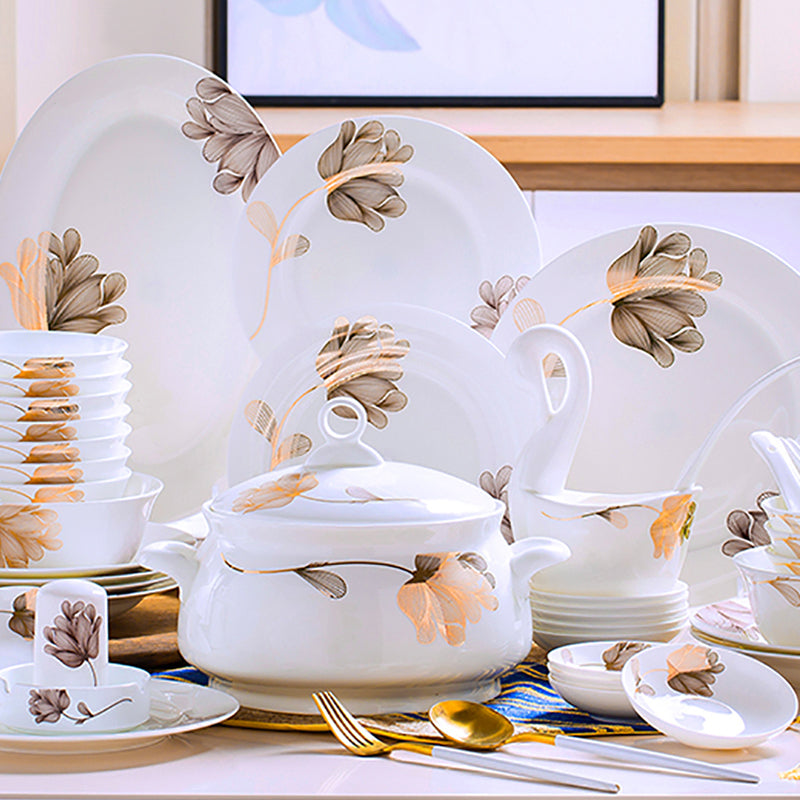 Bone China Dinnerware Set - Abstract Floral Design in Gold
