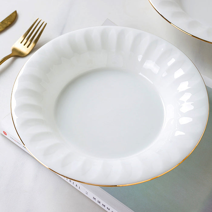 Bone China Deep Plate - Ribbed Front Edge & Gold Rim