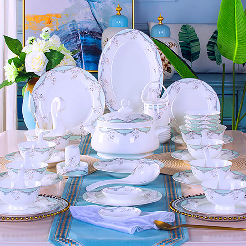 Bone China Dinnerware Set - Decorative Pattern in Pale Blue