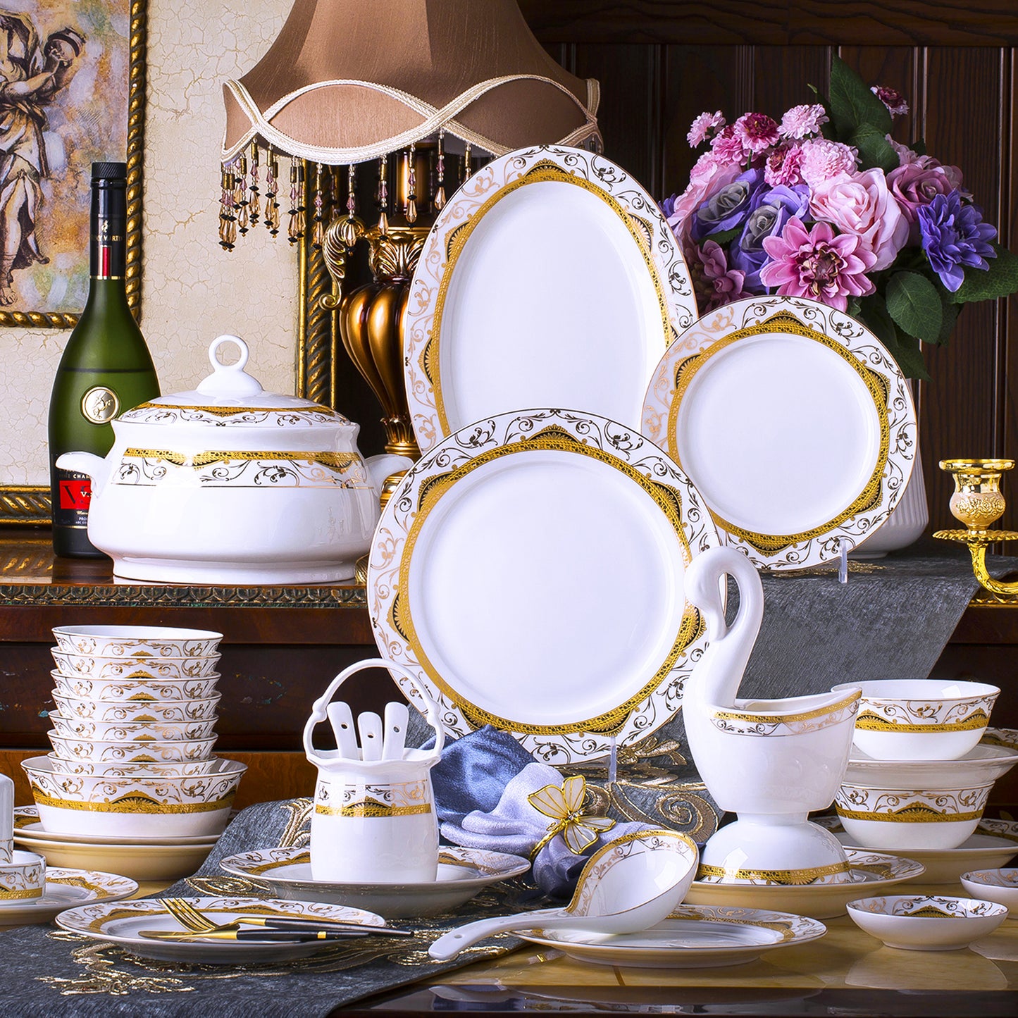 Bone China Dinnerware Set - Decorative Rim in Gold, Yellow & Black