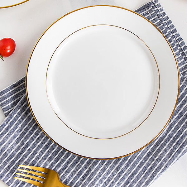 Bone China Flat Plate - White with Gold Rim