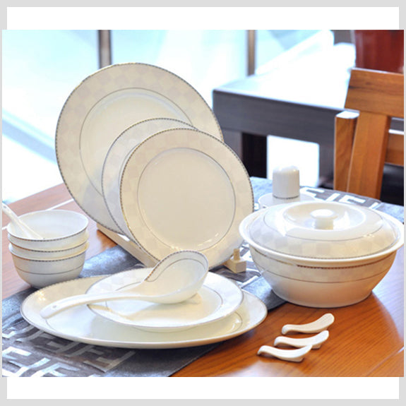 Bone China Dinnerware Set - Silver Decorative Rim & Pale Pattern