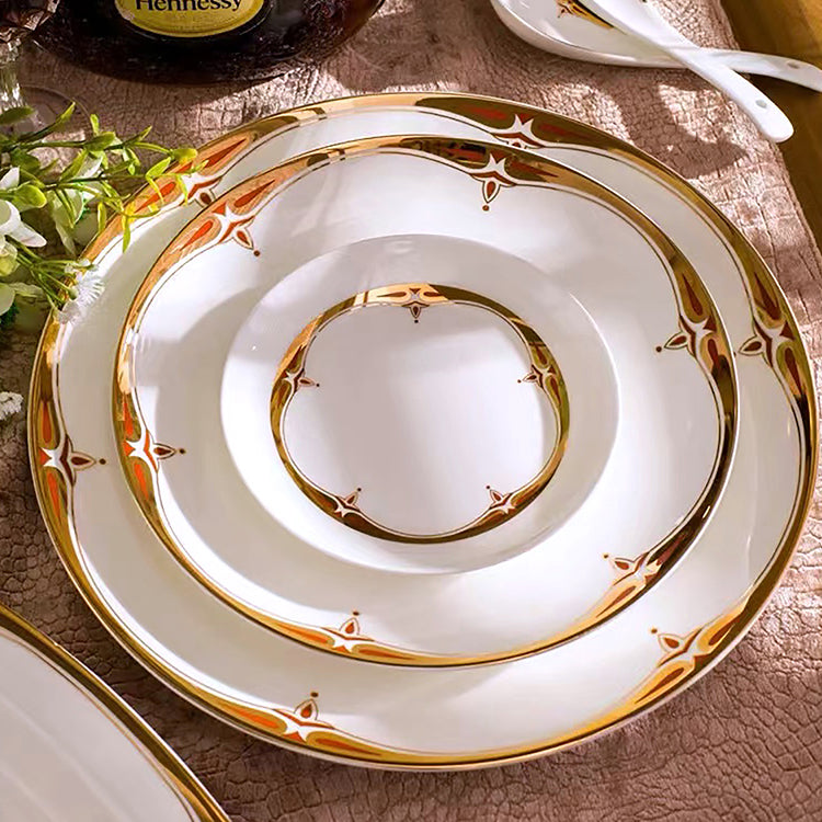 Bone China Dinnerware Set - Decorative Rim in Gold & Rich Colors